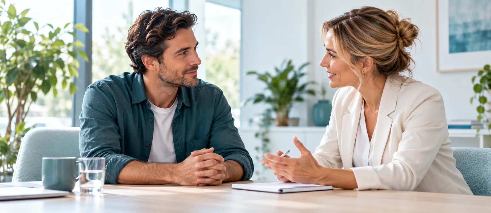 Een rustig ondersteunend gesprek in een lichte ruimte